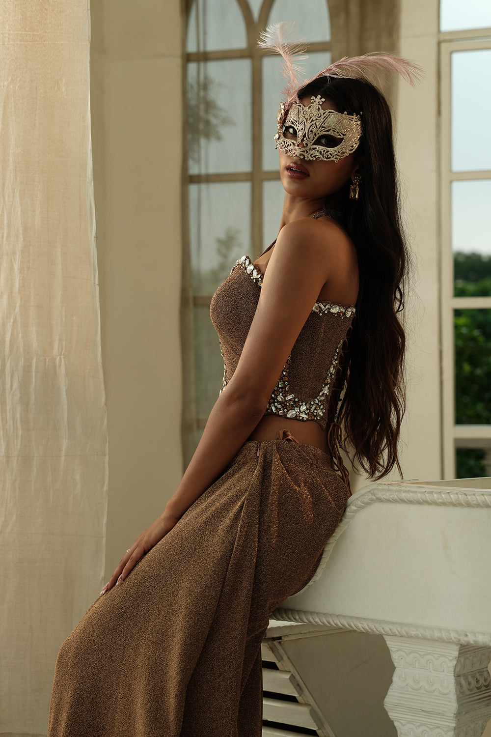 Embellished Corset-Style Blouse & Draped Skirt Set