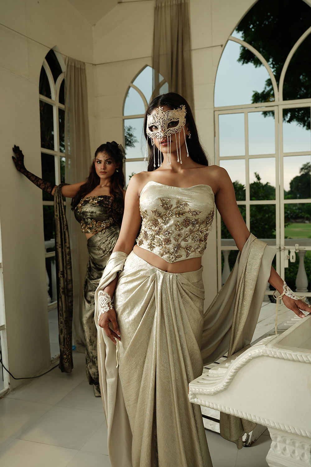 Embellished Ivory Corset Top & Draped Skirt Set