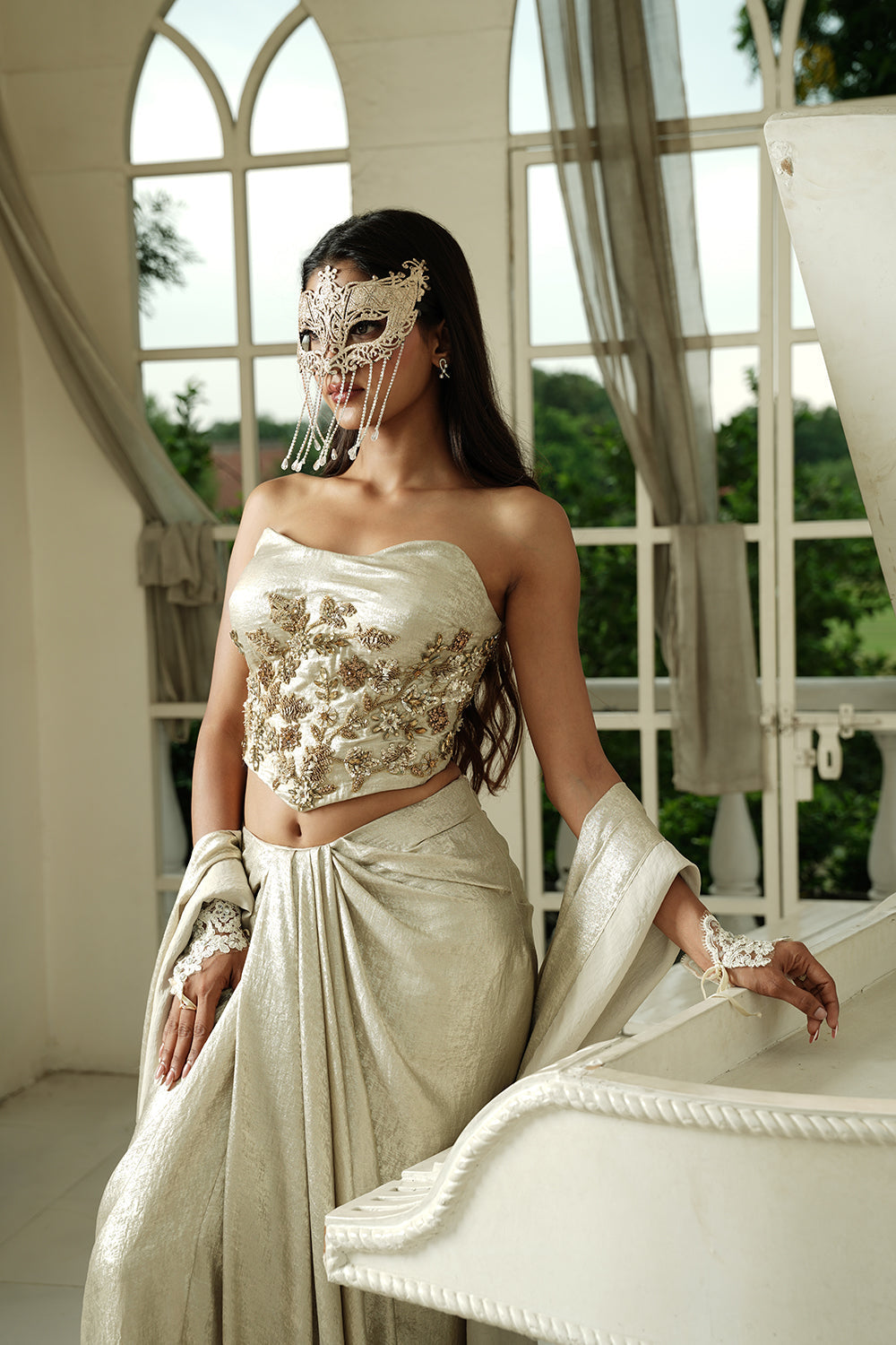 Embellished Ivory Corset Top & Draped Skirt Set