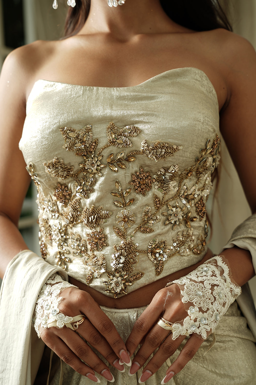 Embellished Ivory Corset Top & Draped Skirt Set