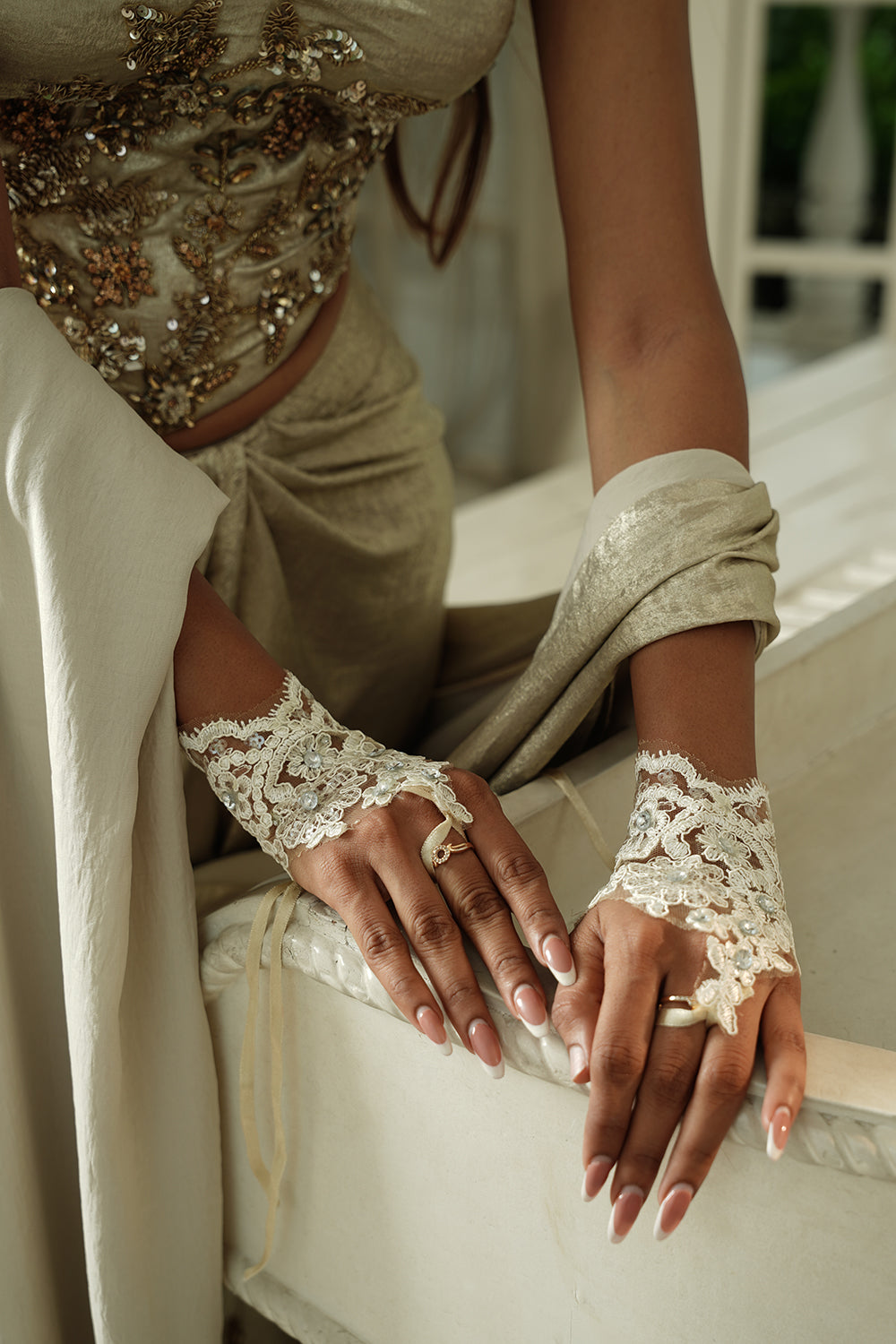 Embellished Ivory Corset Top & Draped Skirt Set