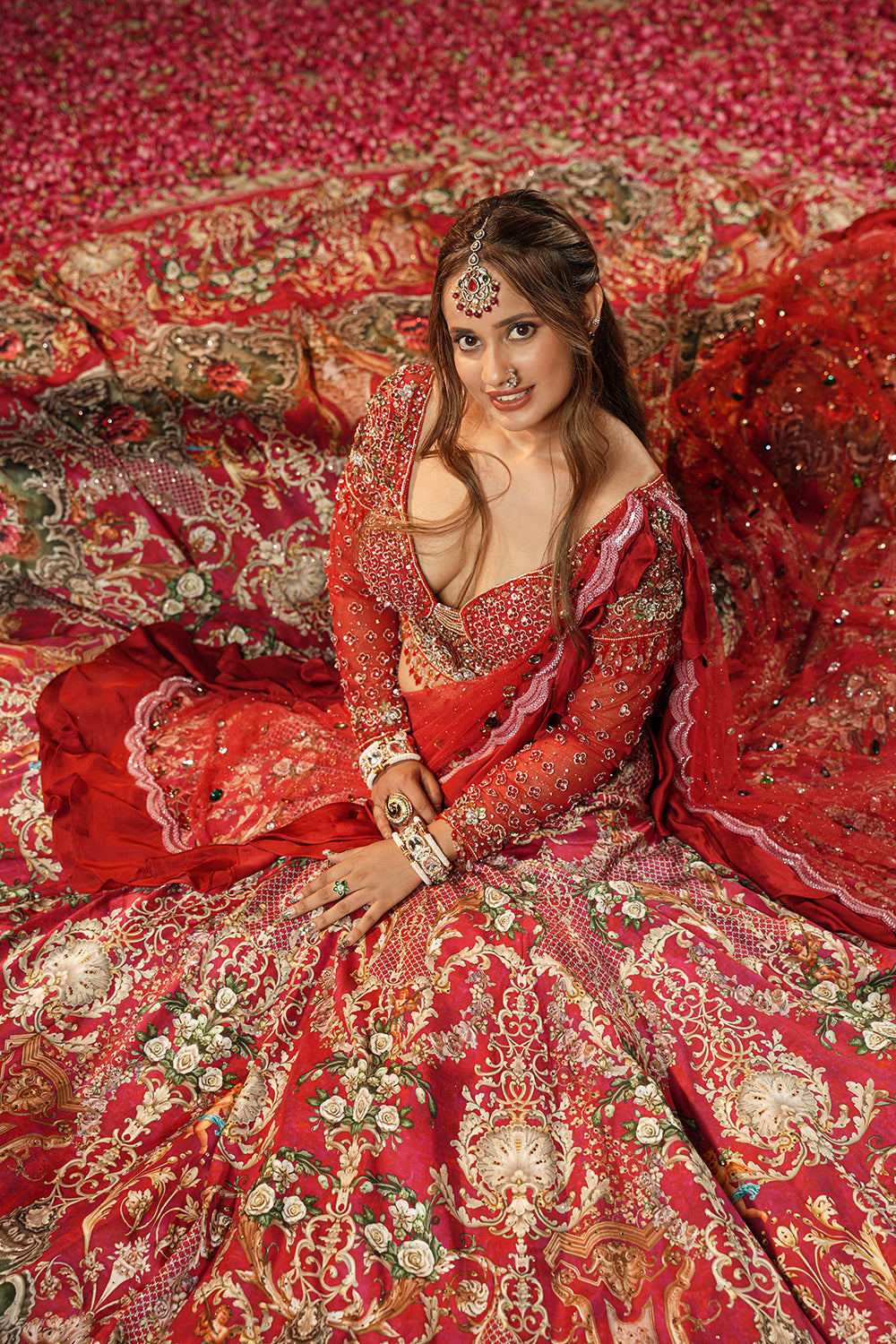 Embellished Pink & Red Bridal Lehenga Set