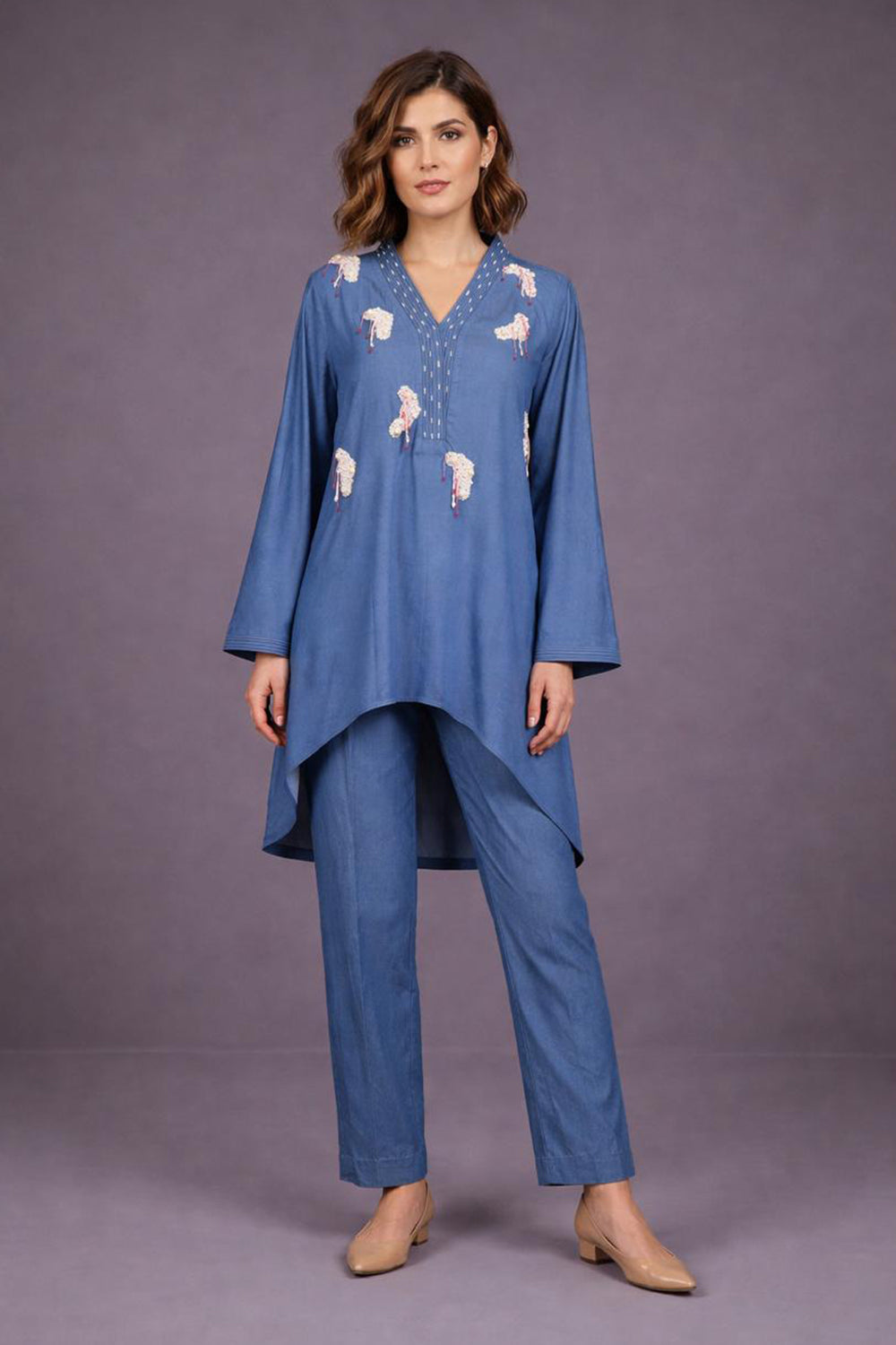 Embroidered Co-Ord Set With White  Hanging Pearl Tassle