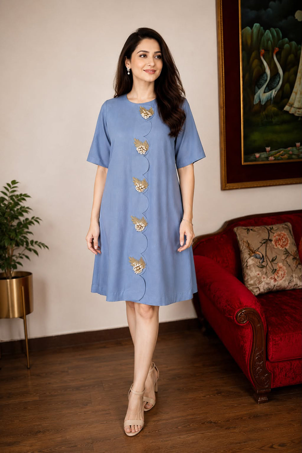 Embroidered denim dress with pearl embroidery