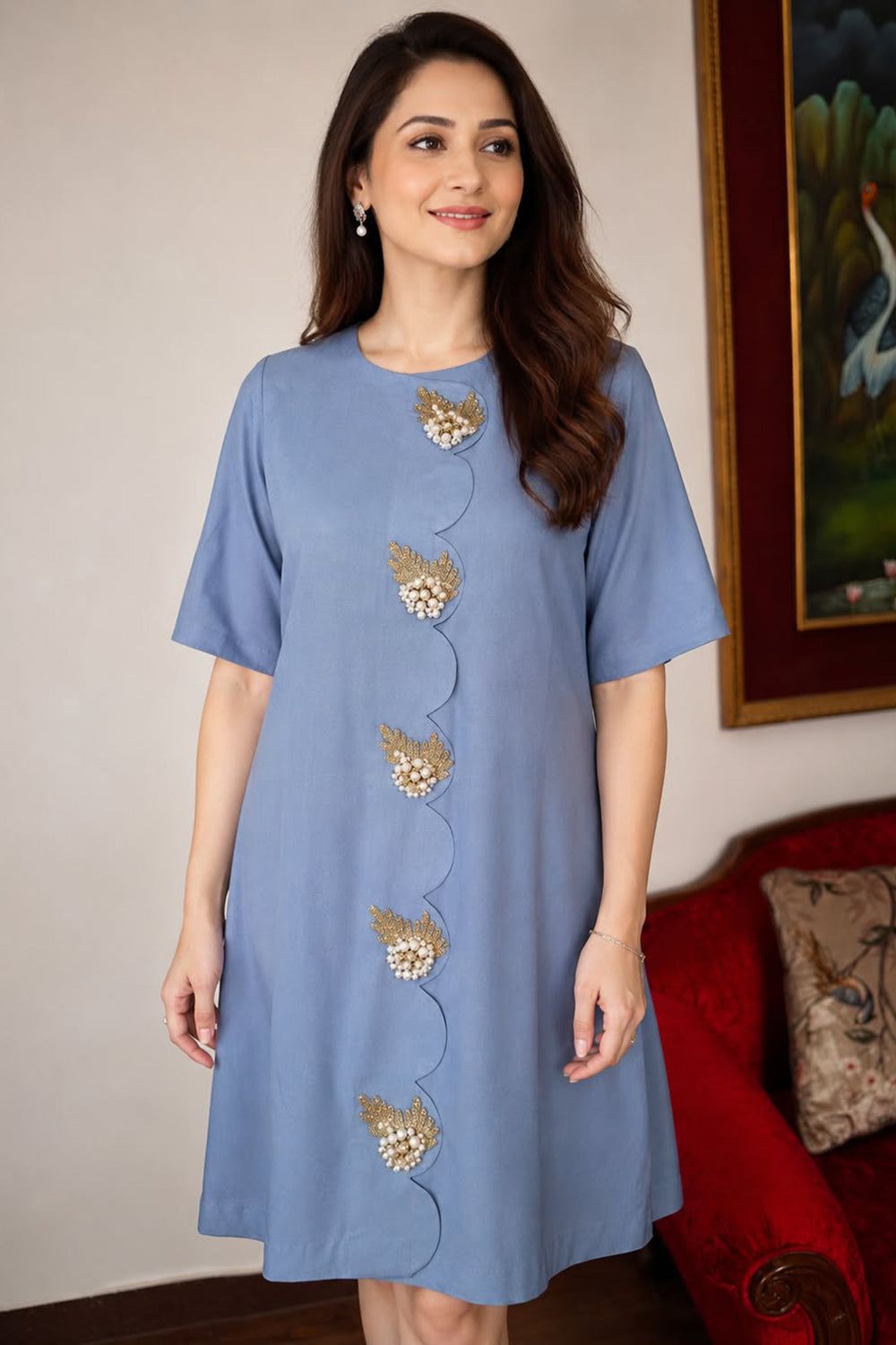 Embroidered denim dress with pearl embroidery
