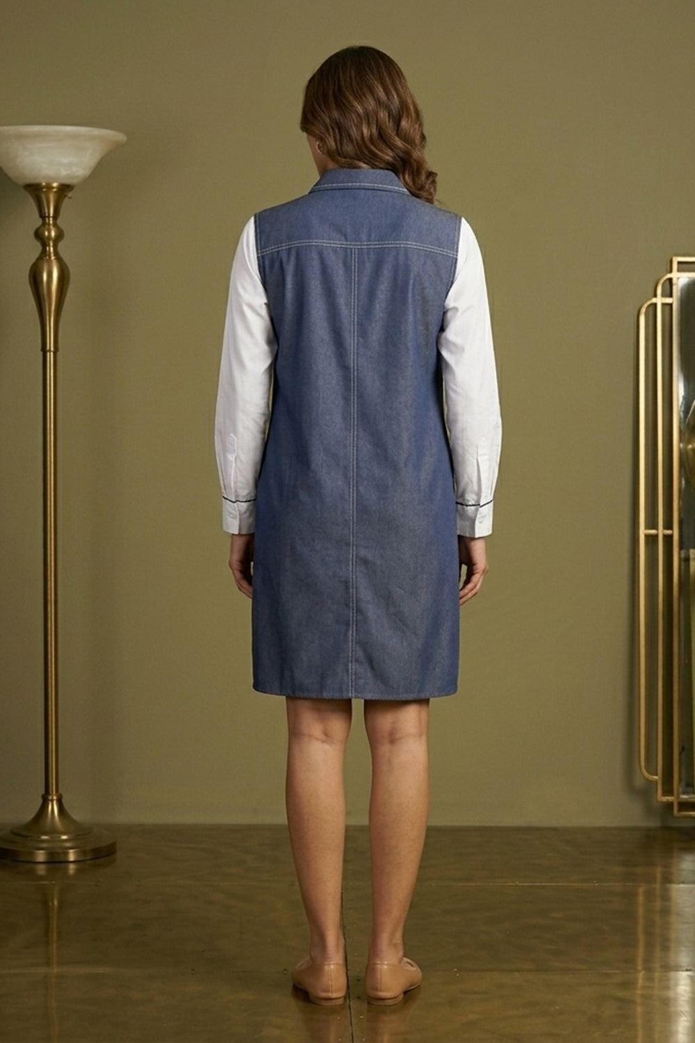 Embroidered denim dress with pearl embroidery
