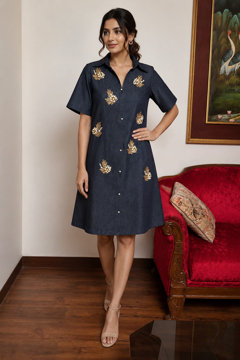Embroidered denim dress with pearl embroidery