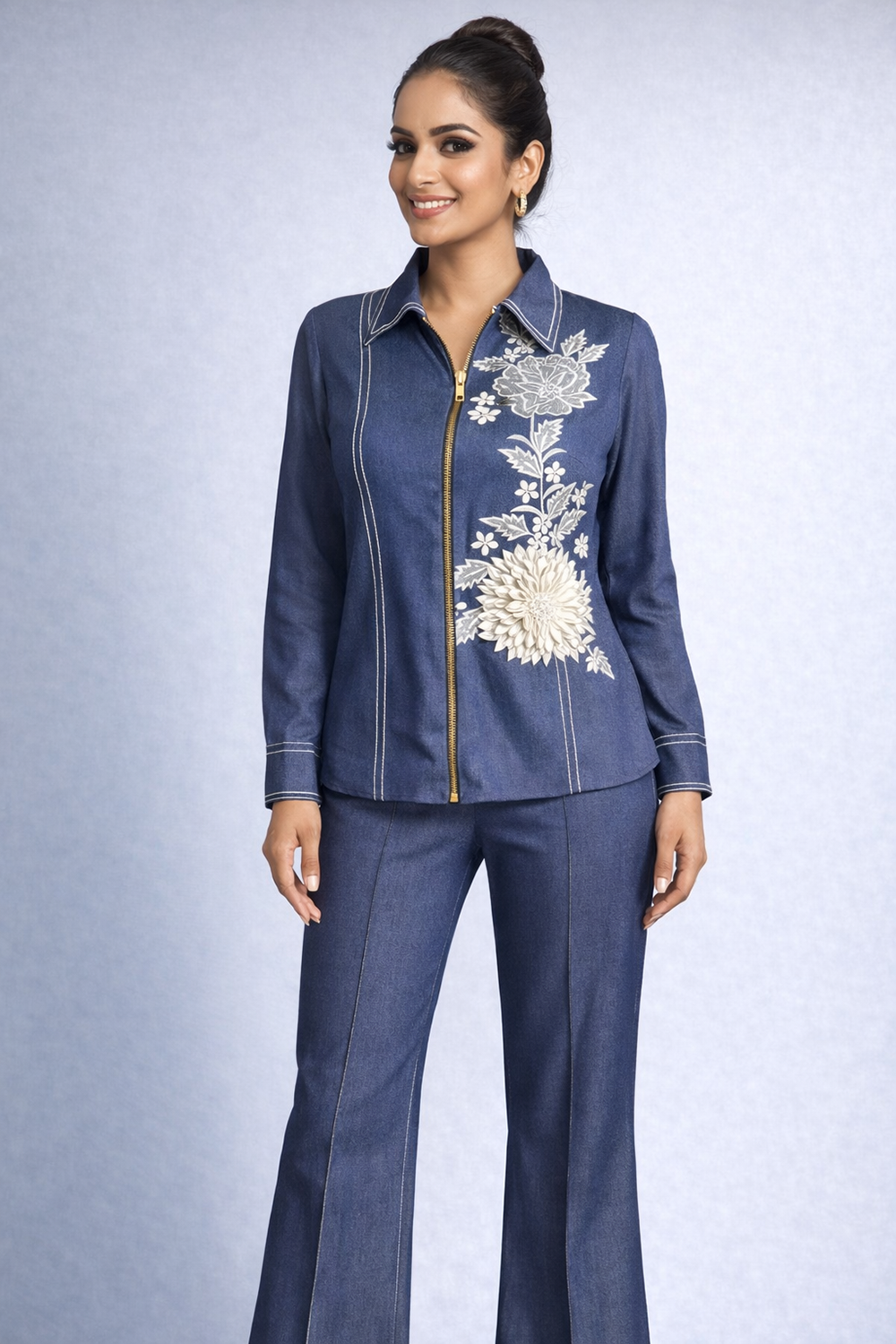 Embroidered Denim Shirt Paired With Denim Pants