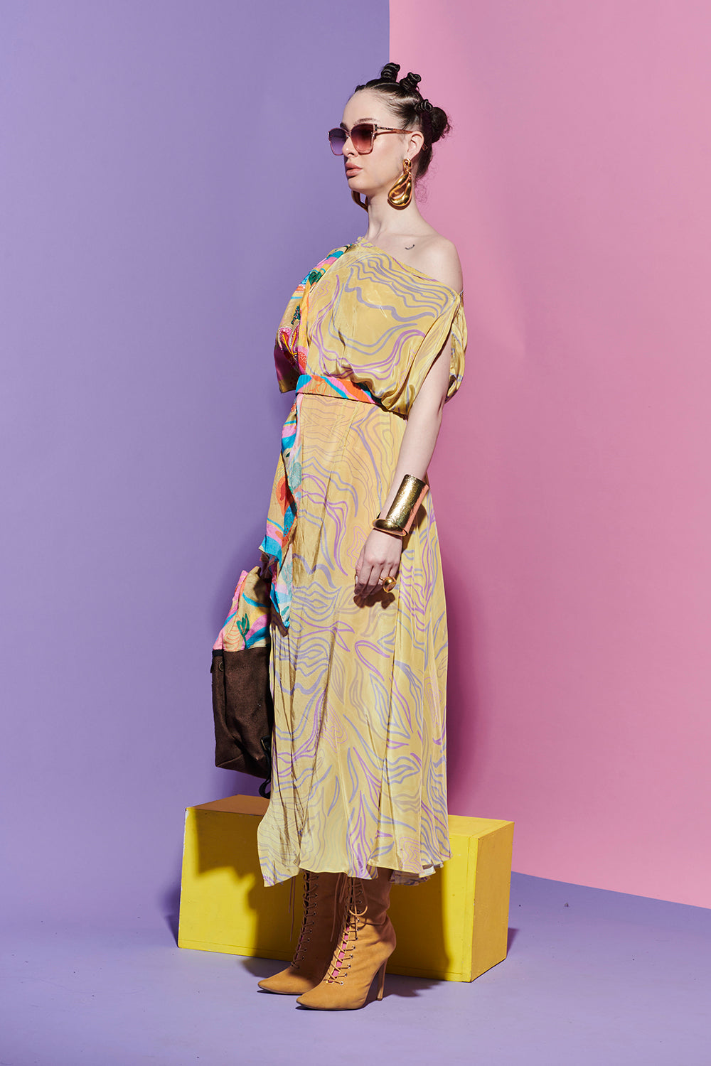 Embroidered Lapel scarf dress in amoeba and croissant print