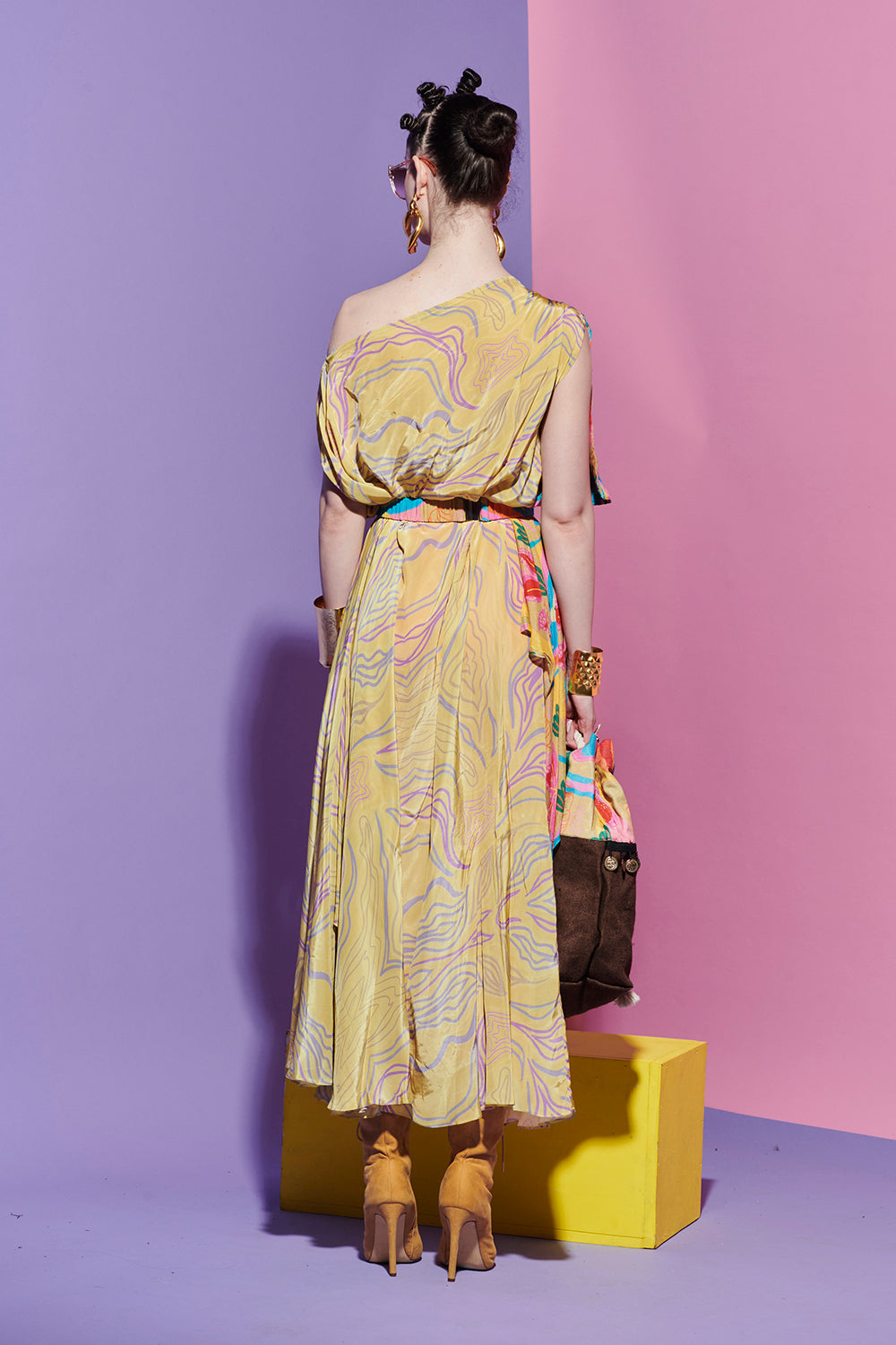 Embroidered Lapel scarf dress in amoeba and croissant print