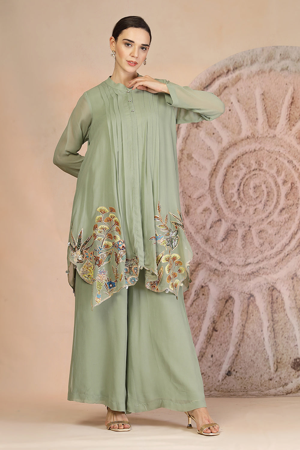 Embroidered Pista Green Indo-Western Set with Palazzo Pants