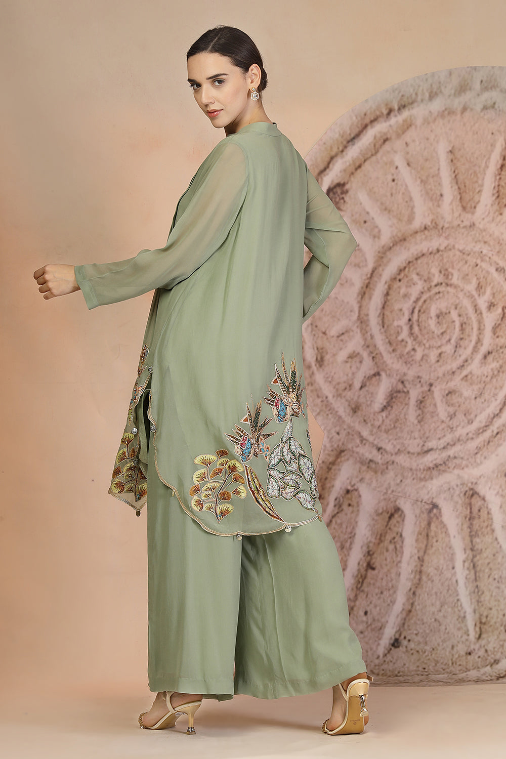 Embroidered Pista Green Indo-Western Set with Palazzo Pants