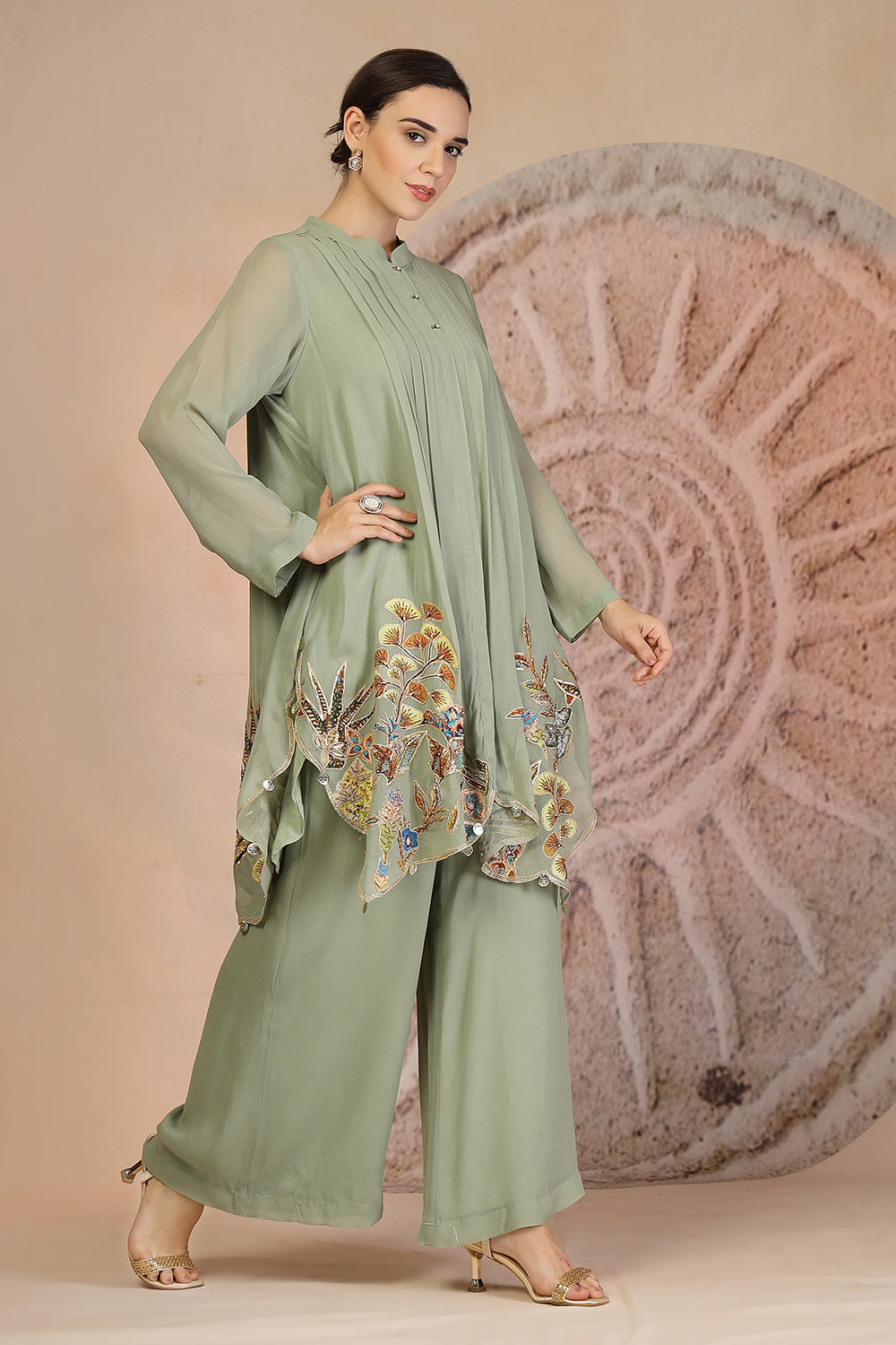 Embroidered Pista Green Indo-Western Set with Palazzo Pants