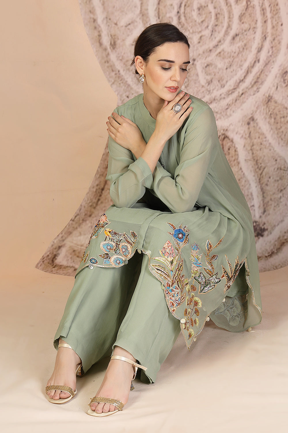Embroidered Pista Green Indo-Western Set with Palazzo Pants