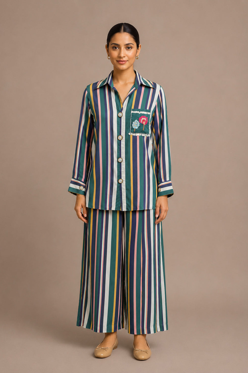 Embroidered Pocket Striped Co-Ord Set