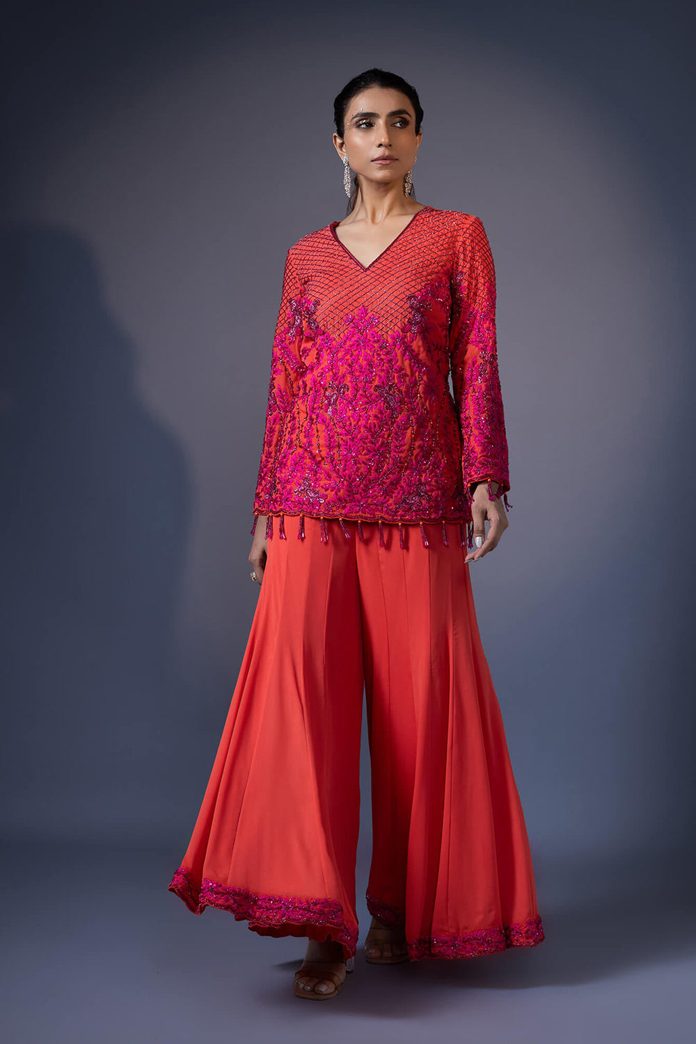 Embroidered Short Kurta With Kali Flared Pants