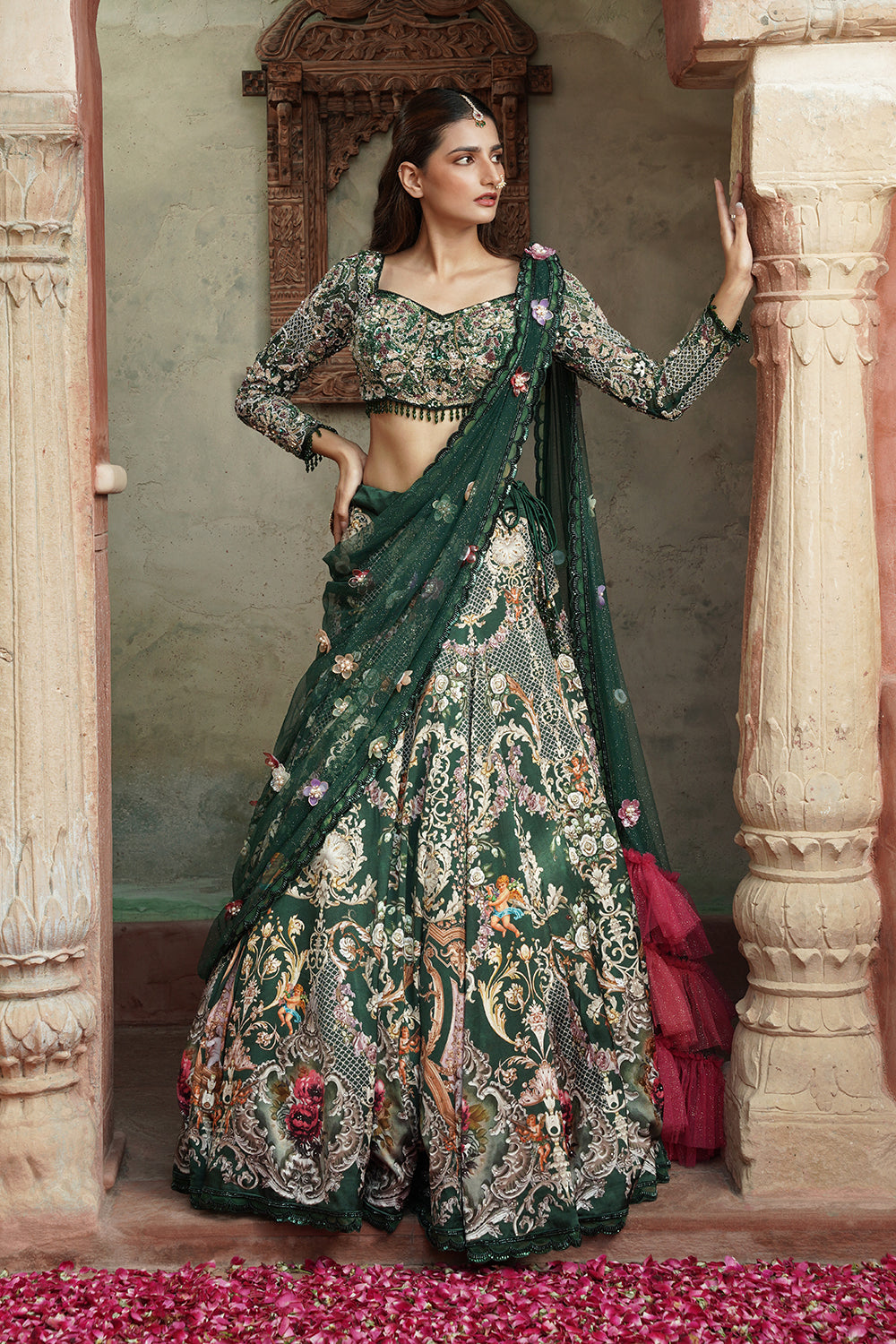 Emerald Green Floral Embroidered Luxury Lehenga Set