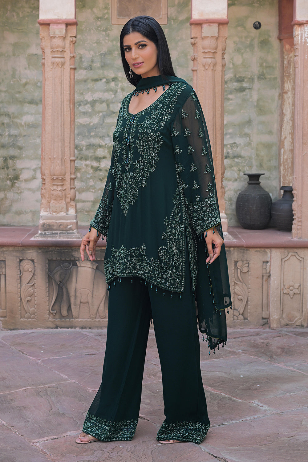 Emerald Green Georgette Beads Work Kurta Pant Set
