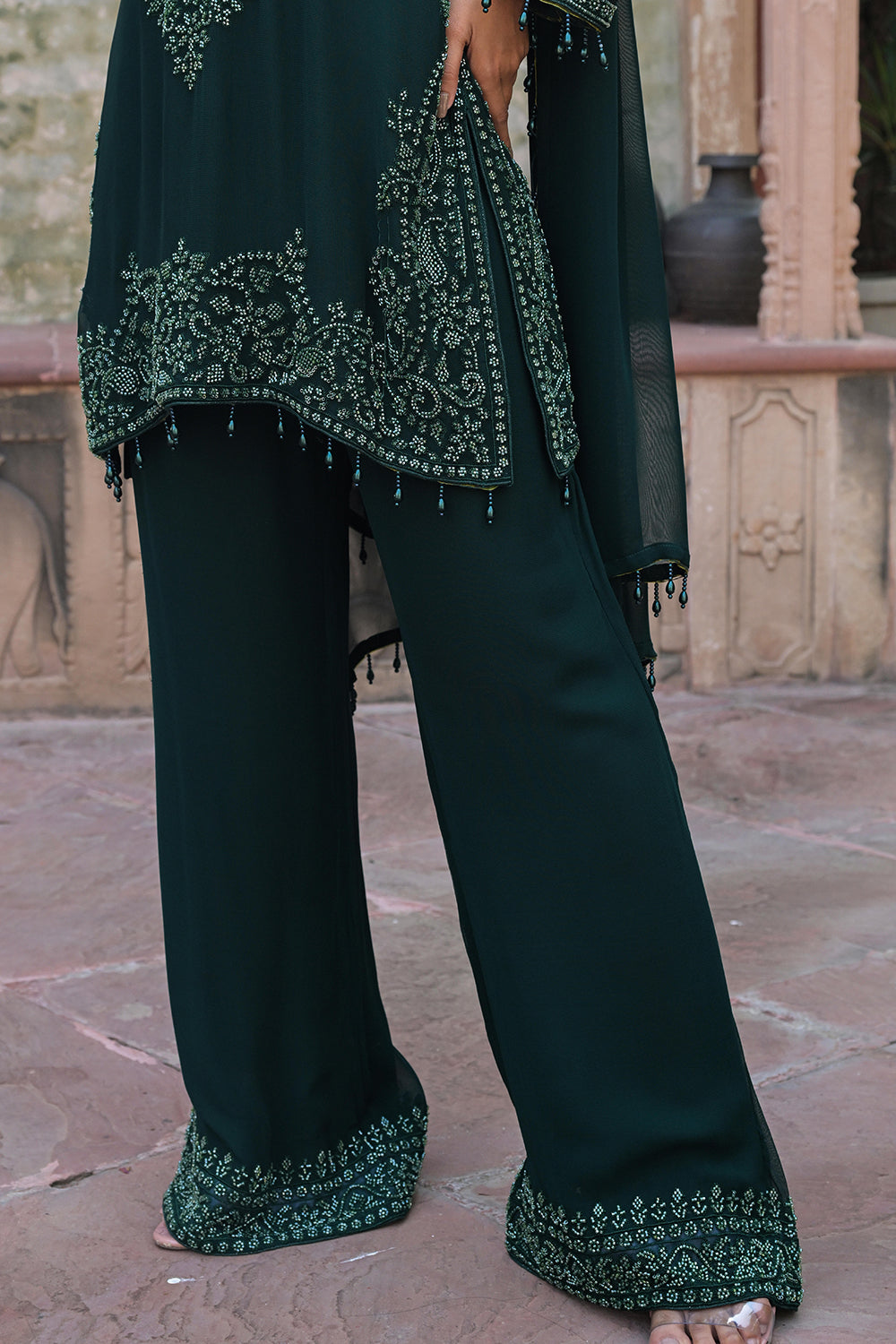 Emerald Green Georgette Beads Work Kurta Pant Set