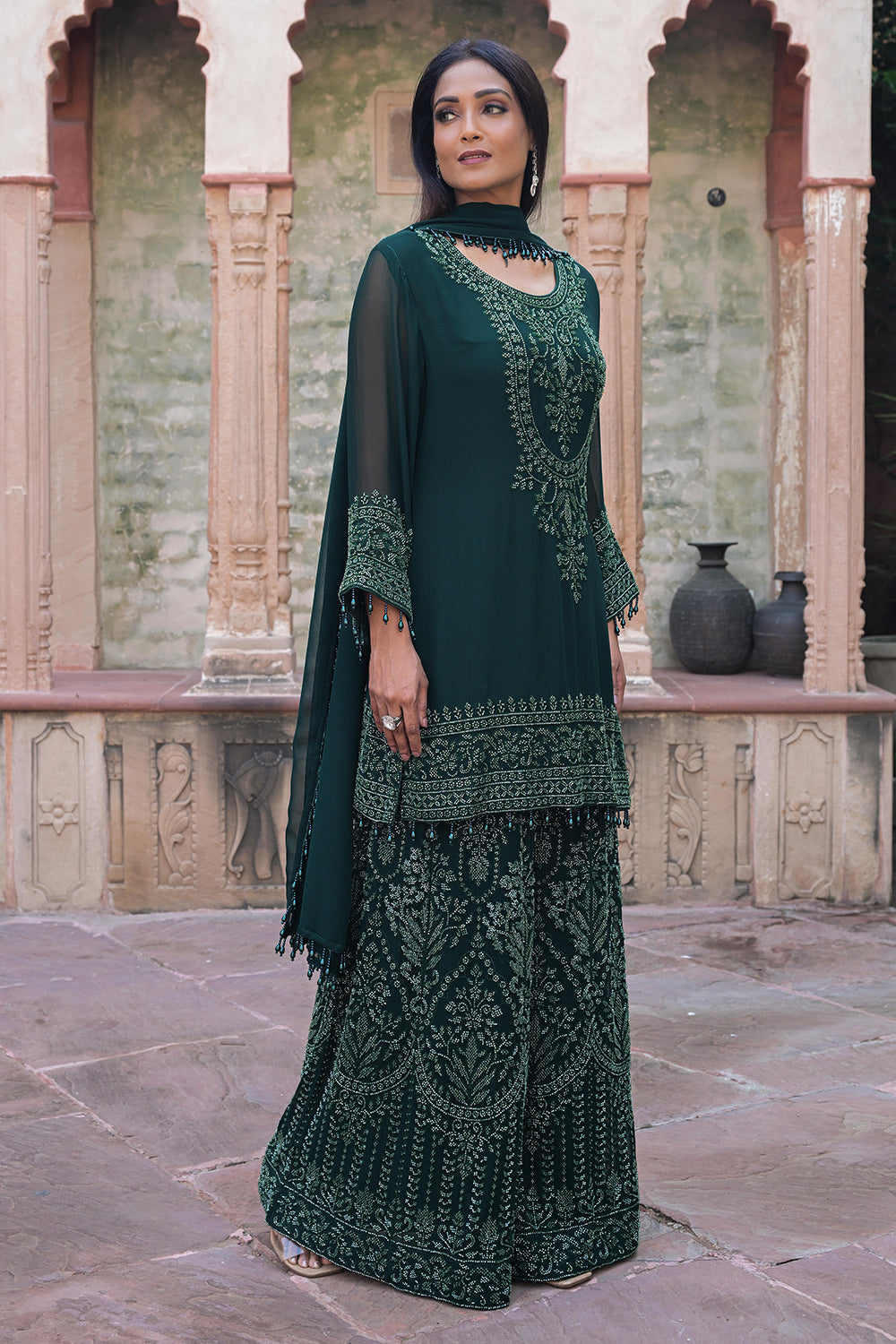 Emerald Green Georgette Kurta Sharara Set with Beads Work