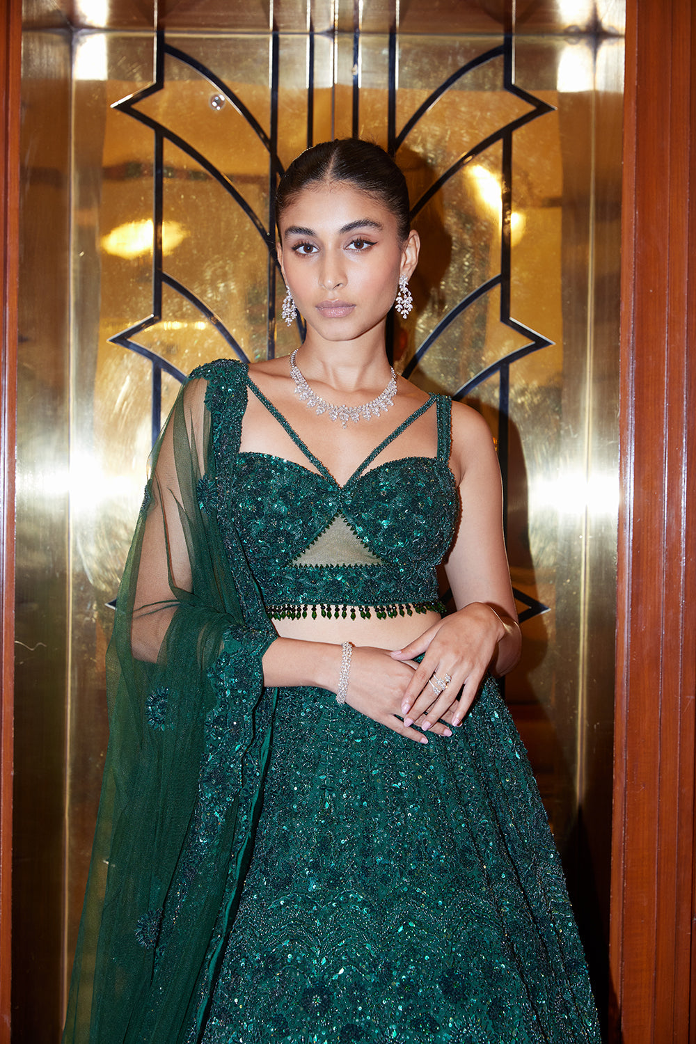 Emerald Green Net Lehenga Choli and Dupatta
