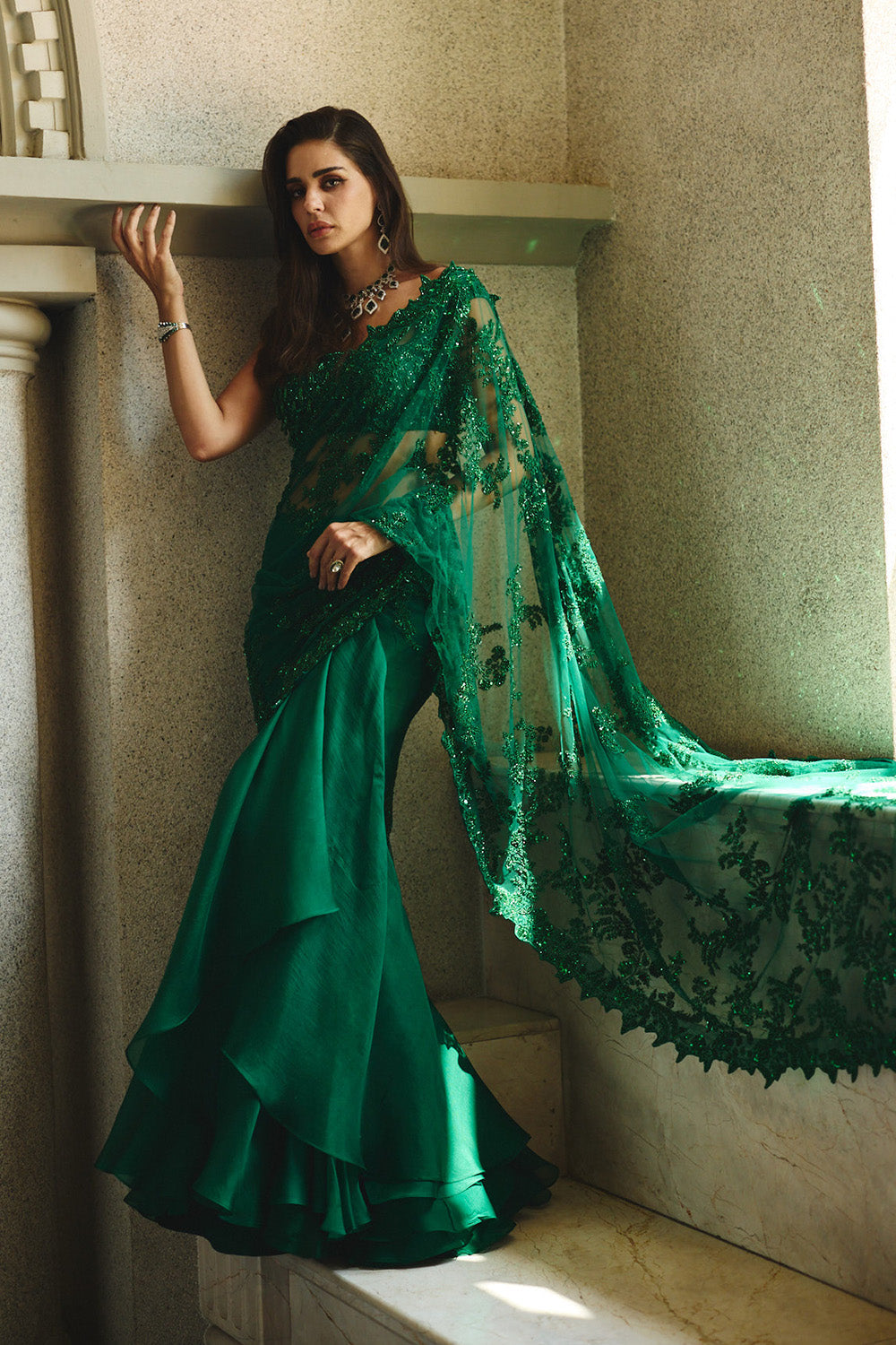 Emerald Green New Athena Ruffle Saree Set