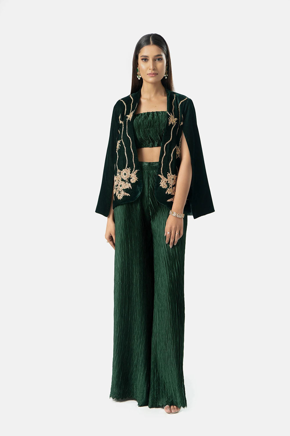 Emerald Velvet Embroidered Cape Jacket