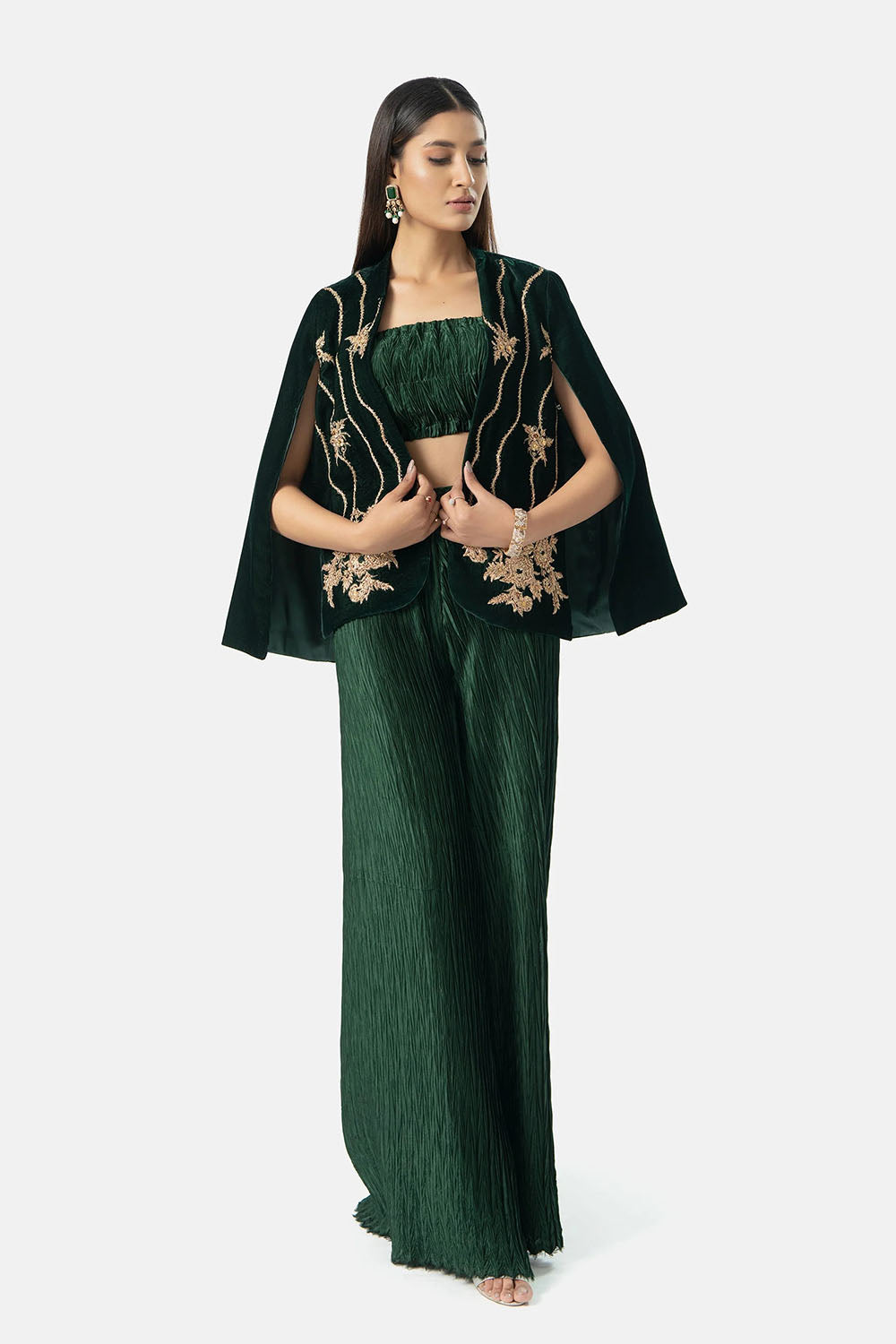 Emerald Velvet Embroidered Cape Jacket