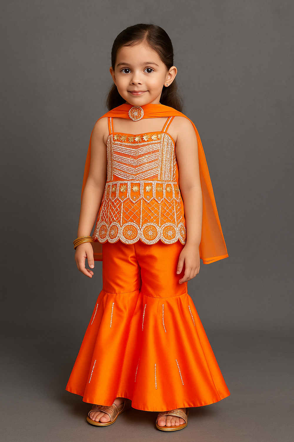 Orange Embroided Kurti with Sharara