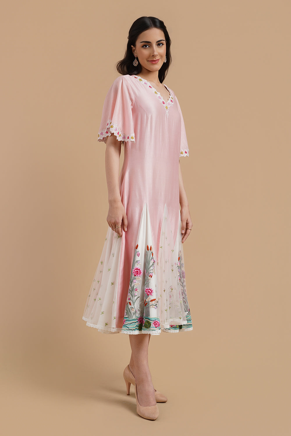 Flared Dress With Embroidery On Panels