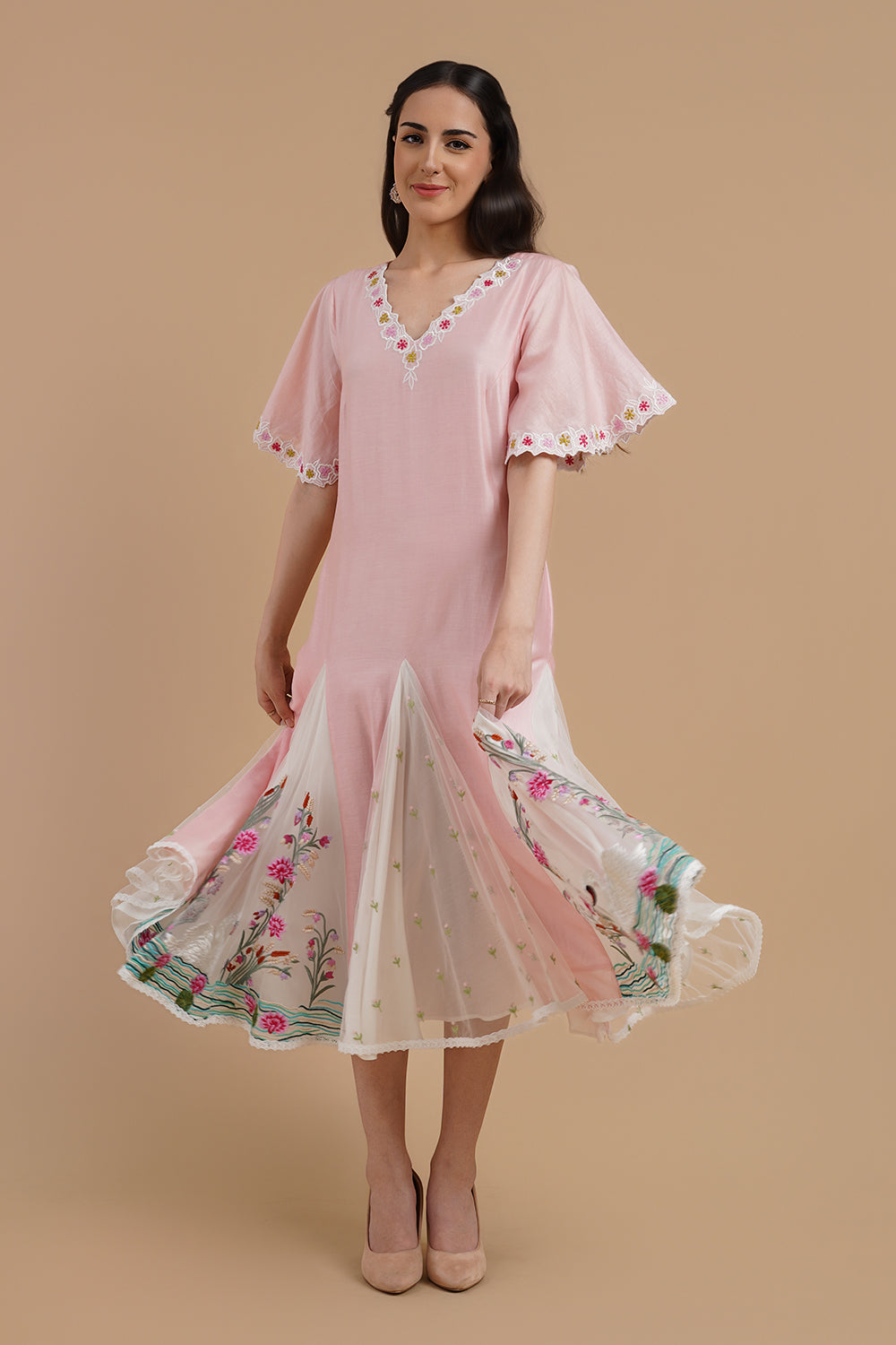 Flared Dress With Embroidery On Panels