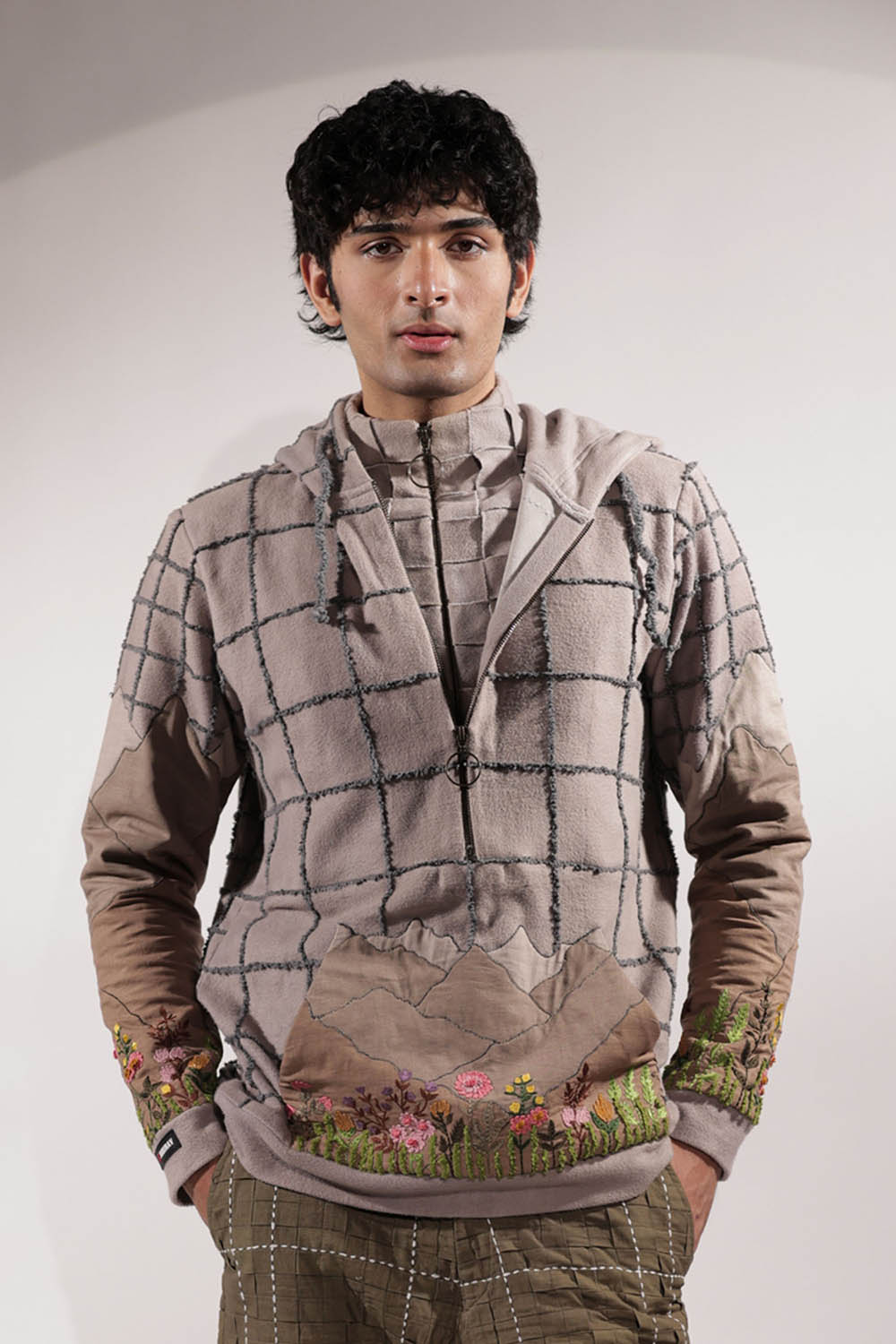 Fleece Zip-up hoodie with Mountain Patchwork & Floral Embroidery