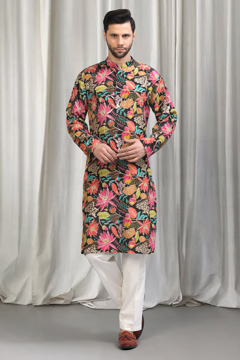 Floral Printed  Embroidered Kurta Set With Back Elastic Pants