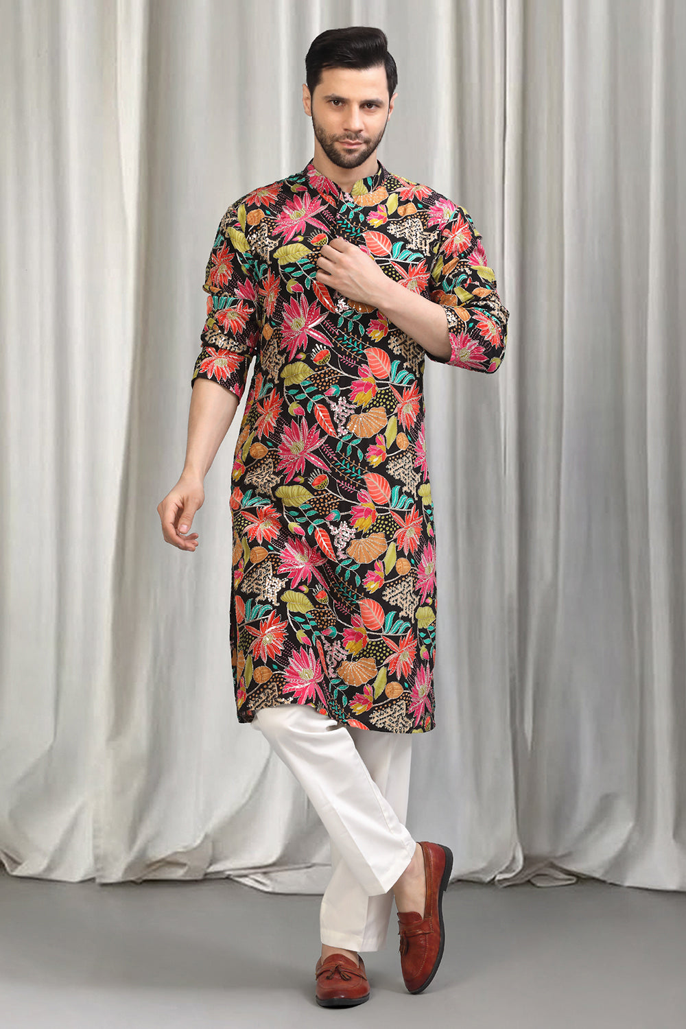 Floral Printed  Embroidered Kurta Set With Back Elastic Pants