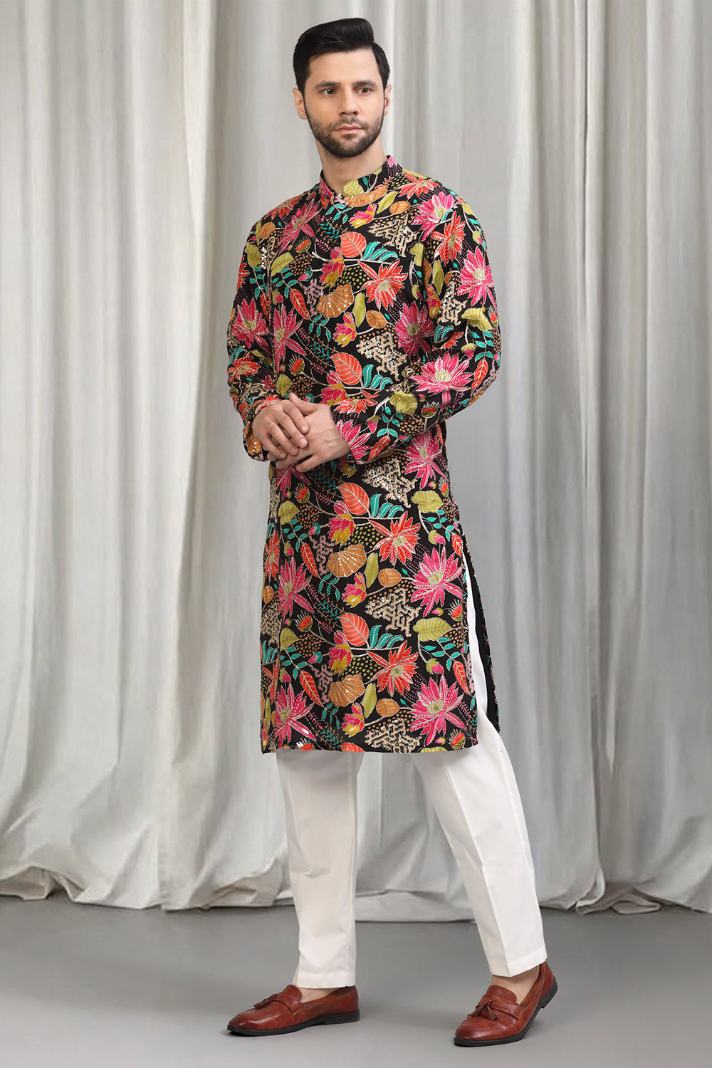 Floral Printed  Embroidered Kurta Set With Back Elastic Pants