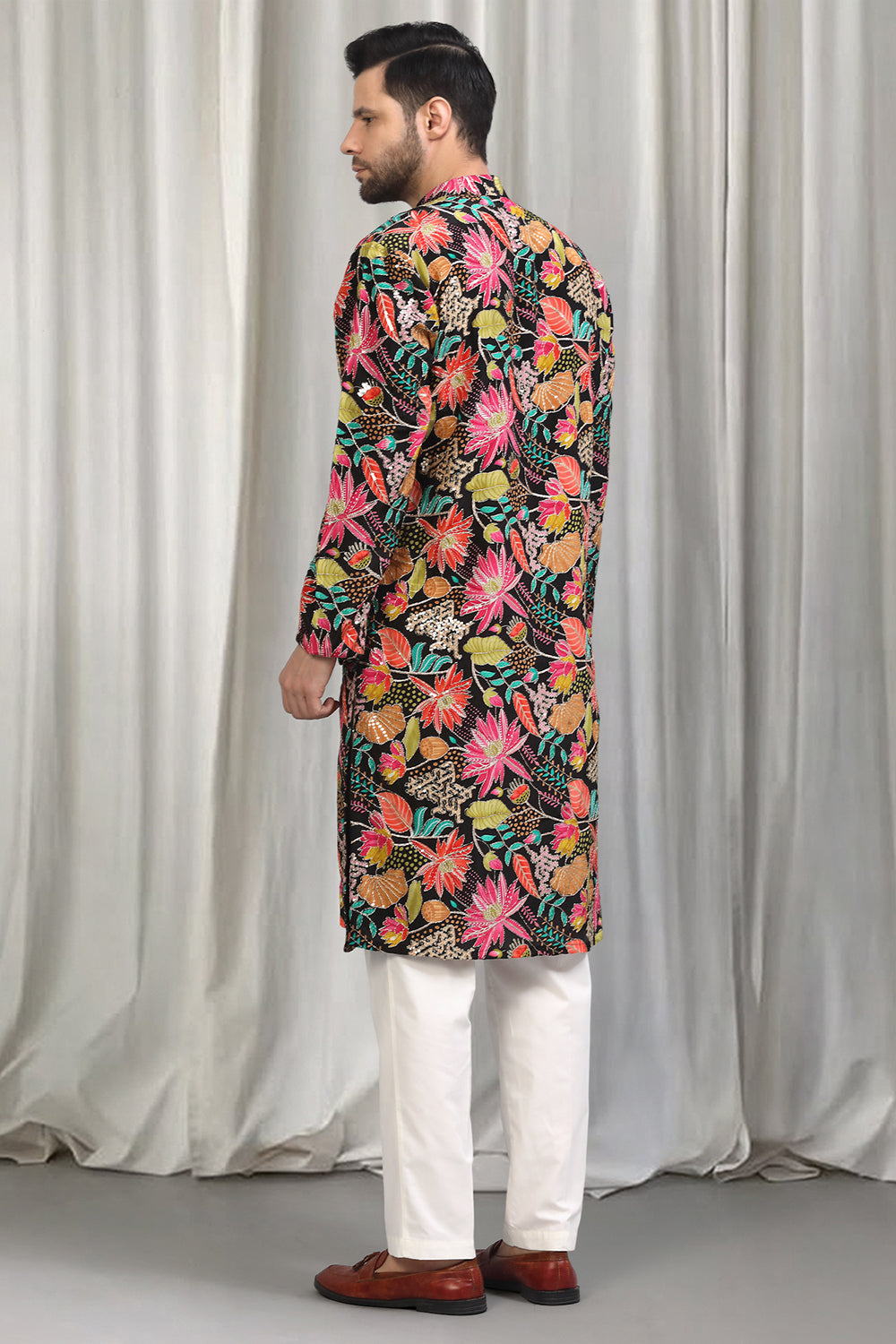 Floral Printed  Embroidered Kurta Set With Back Elastic Pants