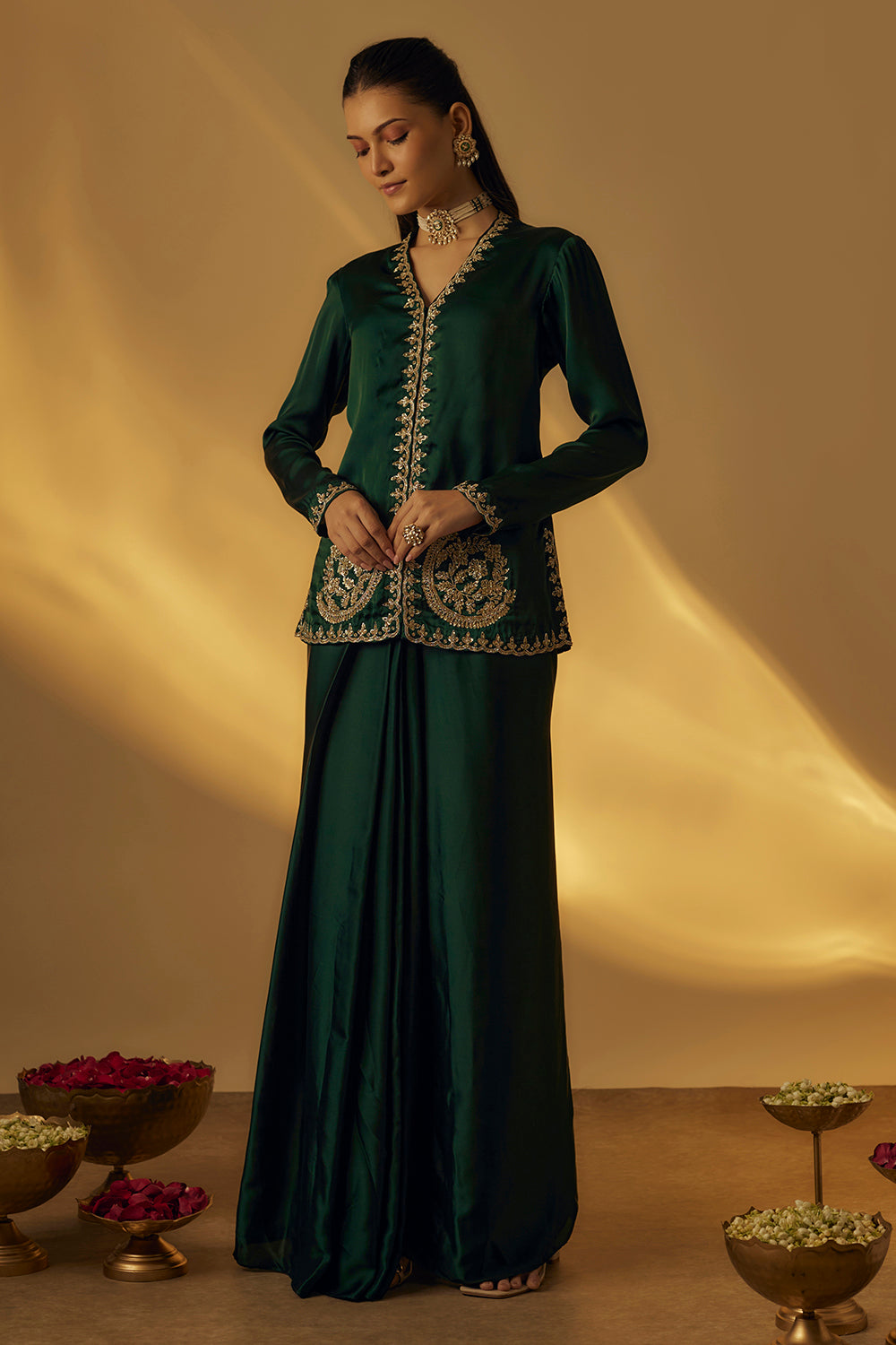 Forest Green Satin Jacket with Saree Drape Skirt