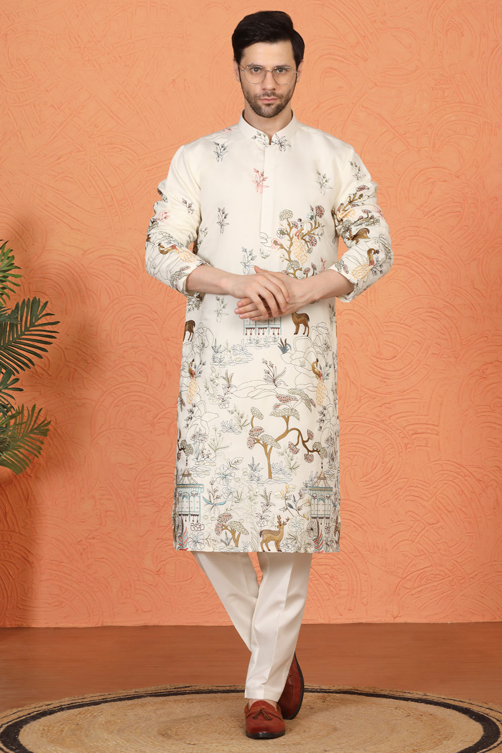 Forest Landscape  All Over  Embroidered Kurta with Back Elastic Pants