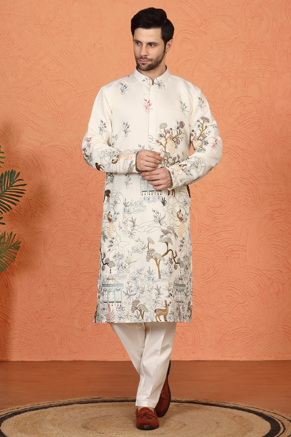 Forest Landscape  All Over  Embroidered Kurta with Back Elastic Pants