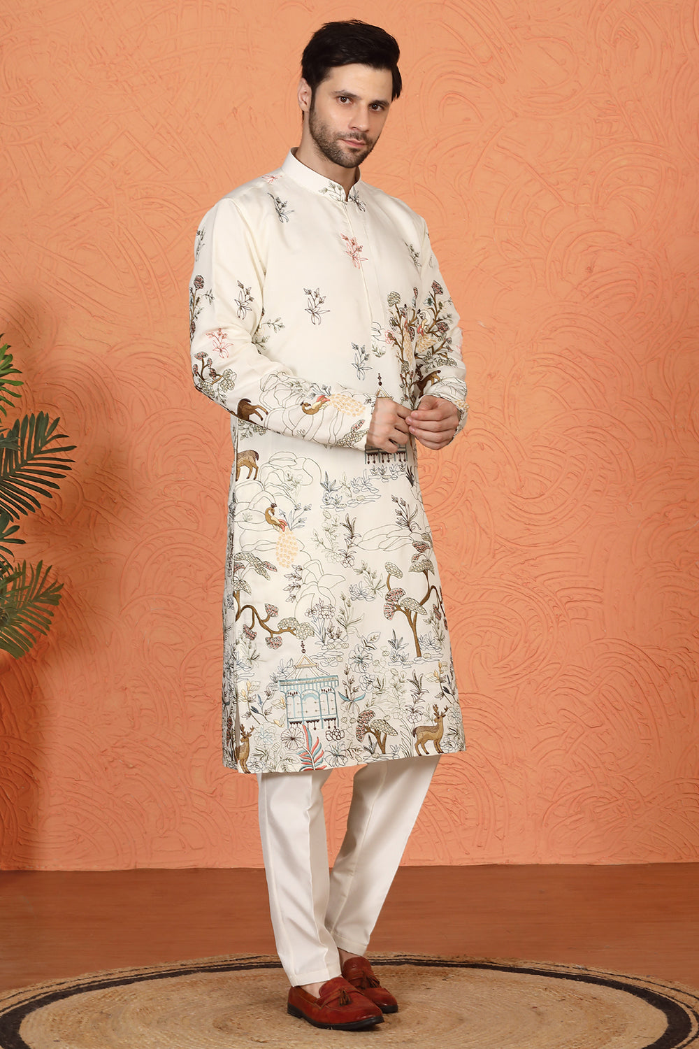 Forest Landscape  All Over  Embroidered Kurta with Back Elastic Pants