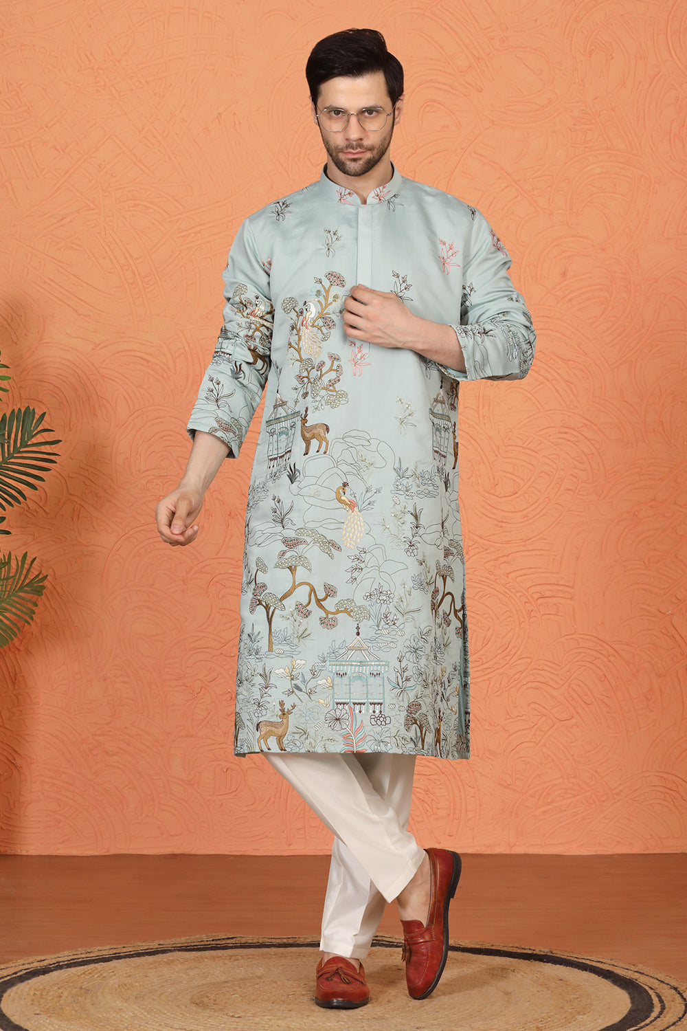 Forest Landscape  All Over  Embroidered Kurta with Back Elastic Pants