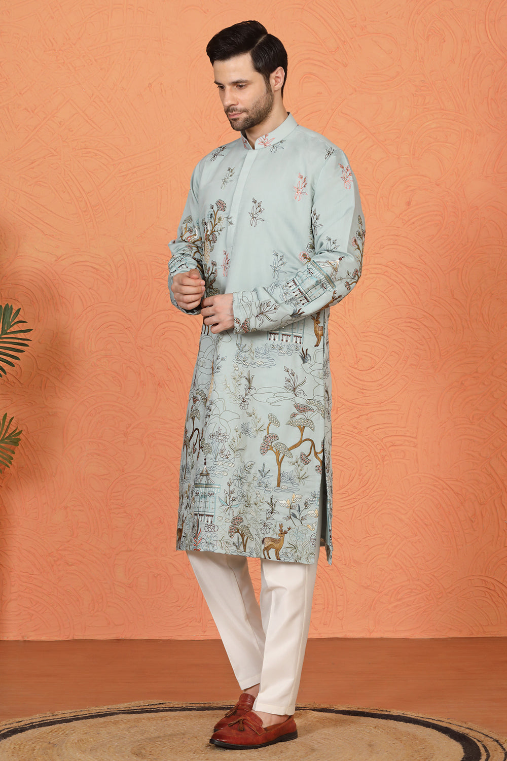 Forest Landscape  All Over  Embroidered Kurta with Back Elastic Pants