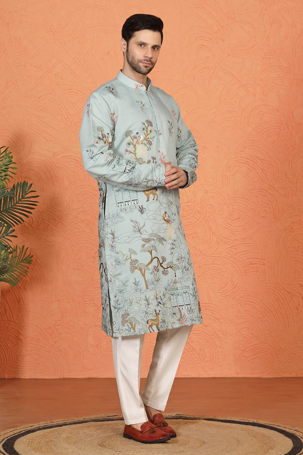 Forest Landscape  All Over  Embroidered Kurta with Back Elastic Pants