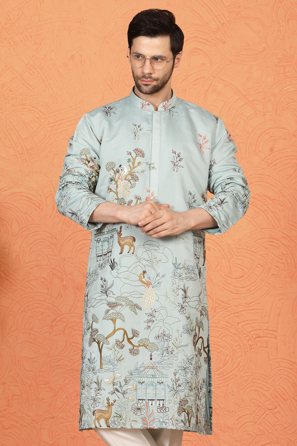 Forest Landscape  All Over  Embroidered Kurta with Back Elastic Pants