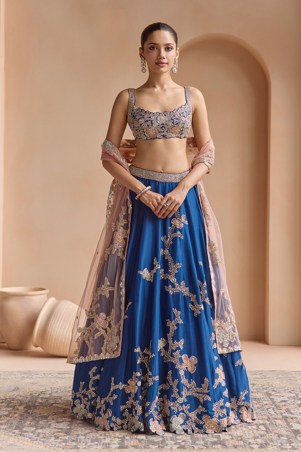 French Navy Embroidered Lehenga Set