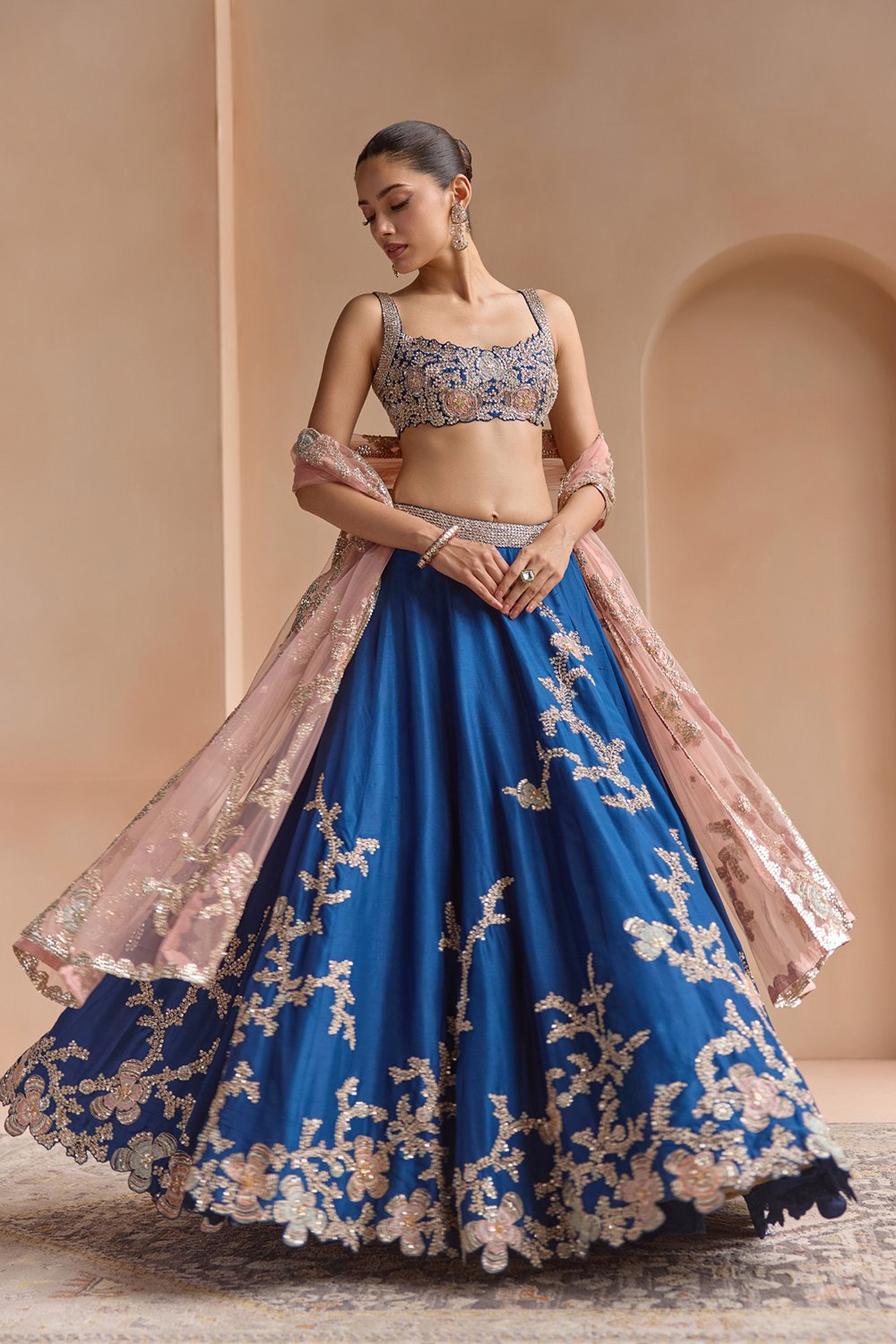 French Navy Embroidered Lehenga Set