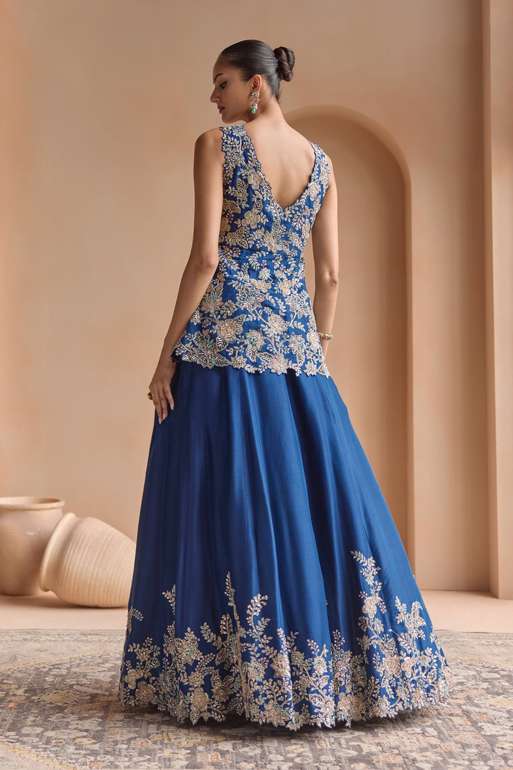 French Navy Embroidered Peplum Lehenga Set