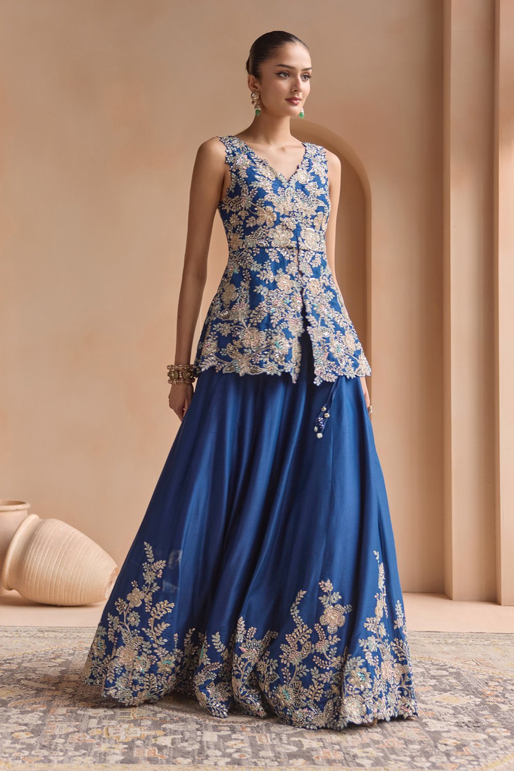 French Navy Embroidered Peplum Lehenga Set