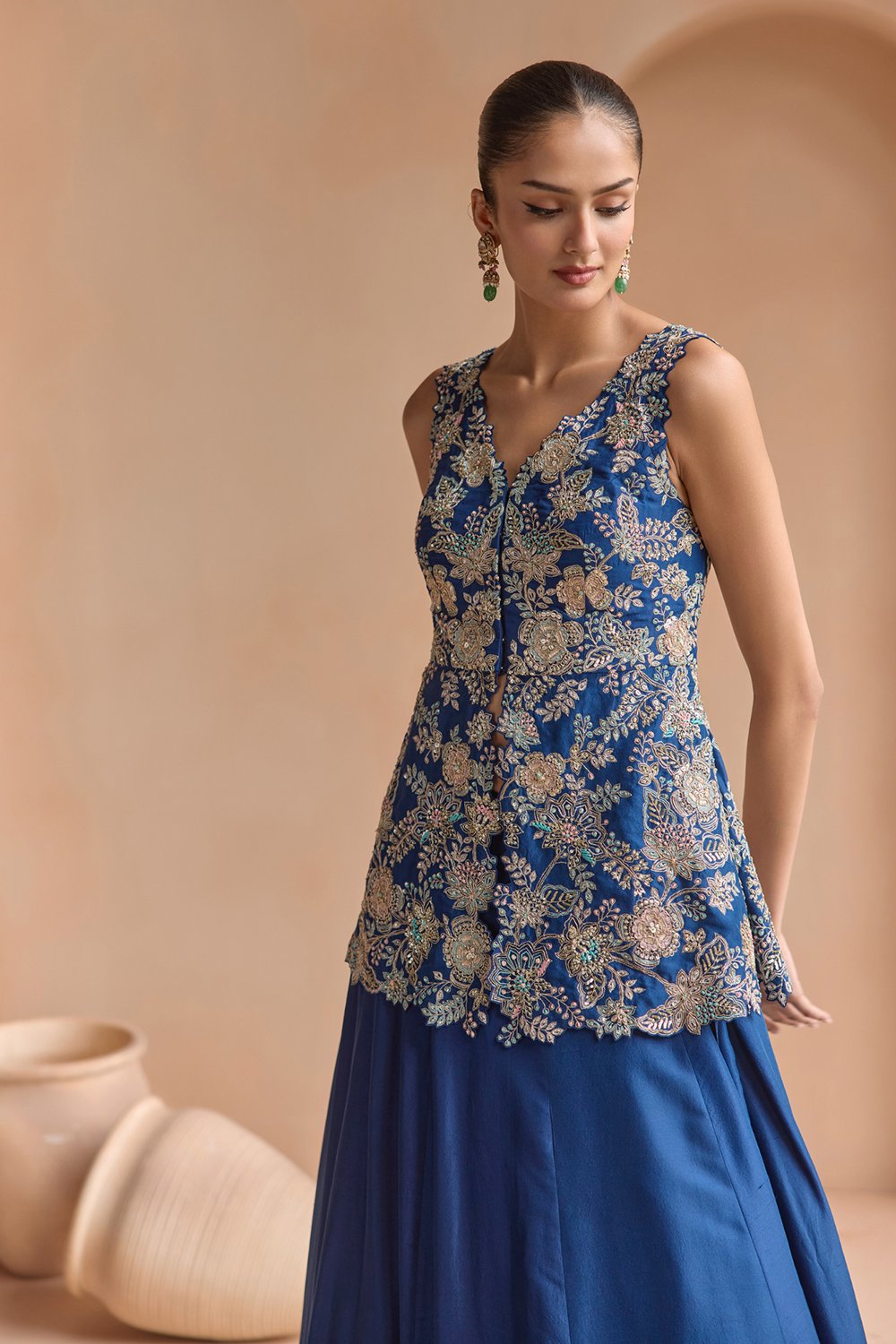 French Navy Embroidered Peplum Lehenga Set