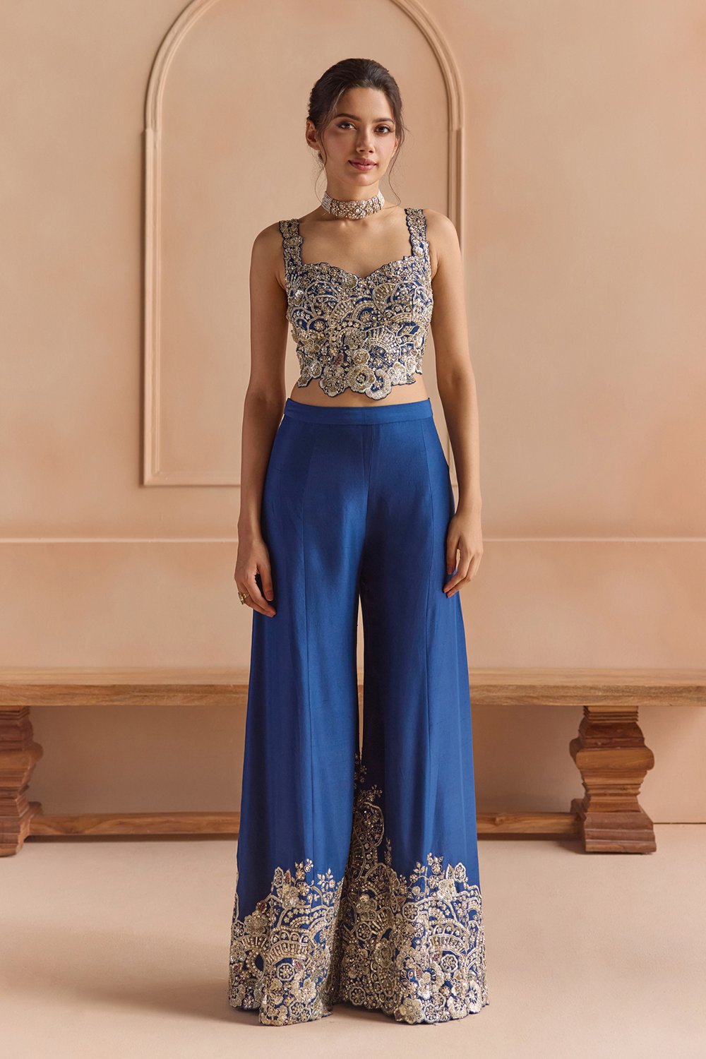 French Navy Embroidered Top & Garara Set